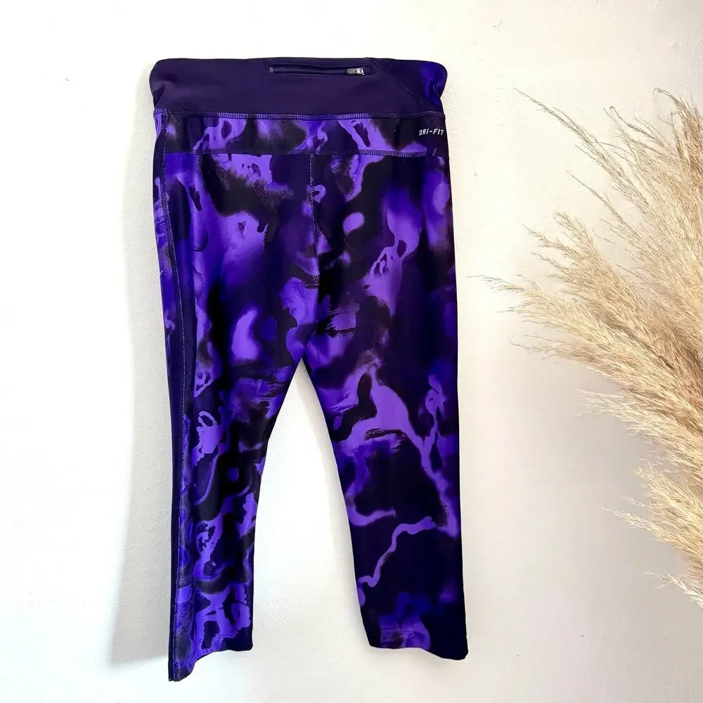 NIKE Running Purple Black Dri Fit Power Crop Tights $78 Leggings Capri Pocket S